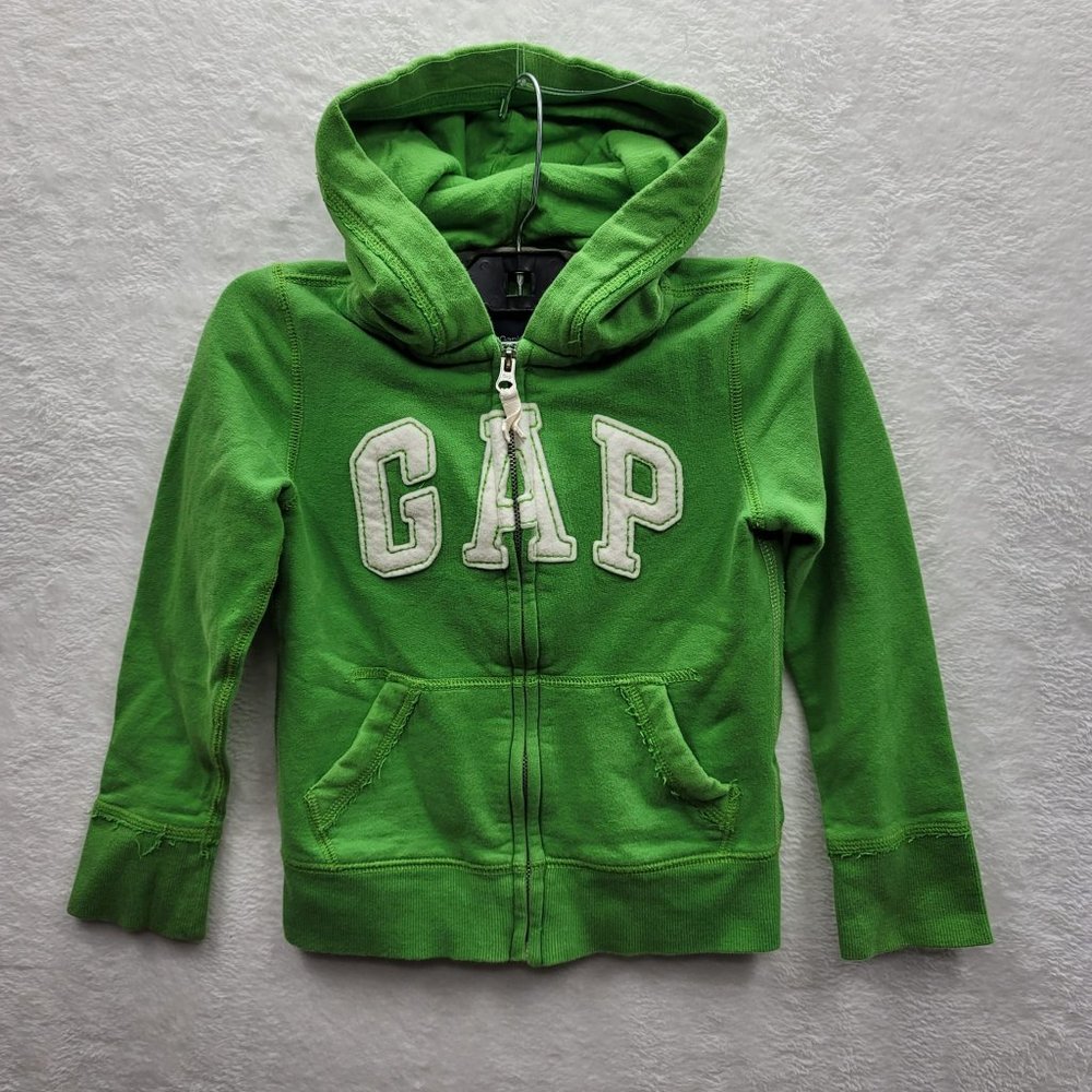 GAP Sweater Hoodie Girls 6/7 Green Felt Logo In White